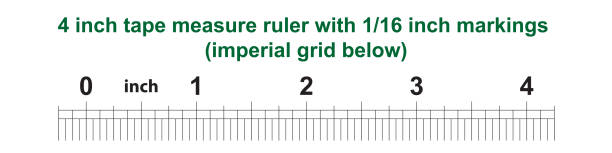 illustrations, cliparts, dessins animés et icônes de règle de mesure de bande de 4 pouces avec des marques de 1/16 pouces. grille impériale ci-dessous. échelle 10:1. - fourth and inches