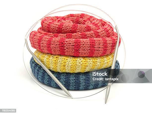 Three Striped Reeled Up Knitting Scarfs On White Stock Photo - Download Image Now - Blue, Circle, Close-up