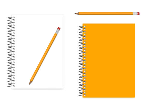 ilustrações de stock, clip art, desenhos animados e ícones de spiral a5 notebook empty page and cover with graphite pencil, realistic vector mockup - workbook