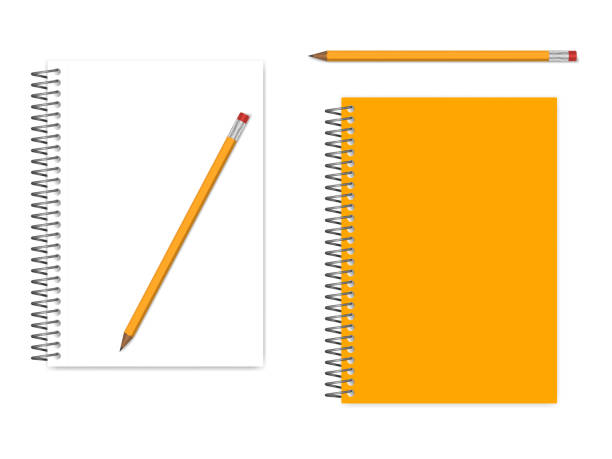 спираль a5 ноутбук пустой страницы и крышка графитовый карандаш, реалистичный вектор макет - spiral notebook diary spiral note pad stock illustrations