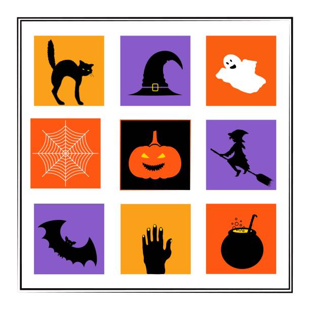 glücklich halloween grußkarte oder banner temlate. silhouetten symbole vektor-illustration-set. - halloween witch domestic cat frame stock-grafiken, -clipart, -cartoons und -symbole