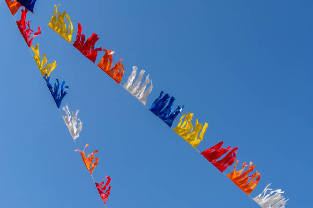colorful bunting flags against a blue saturated sky