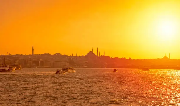 Photo of Beautiful View touristic landmarks from sea voyage on Bosphorus. turkish steamboats, view on Golden Horn.