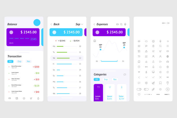 ilustrações de stock, clip art, desenhos animados e ícones de ui vector bank payment system - kits de interface de utilizador