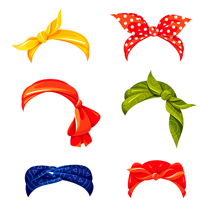 Retro woman bandana flat vector illustrations set. Stylish multicolor hair accessories isolated cliparts on white background. Fashionable headscarfs and hairbands collection. Female clothing