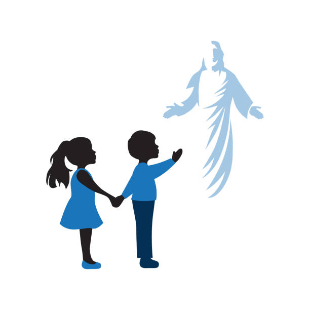 Kids and Jesus Christ Kids and Jesus Christ, son of God, vector graphic design element praying child christianity family stock illustrations