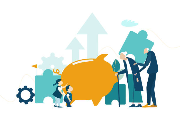 Old people, pensioners, grandparents and grandchildren next to the piggy bank. Saving and money concept. Old people, pensioners, grandparents and grandchildren next to the piggy bank. Saving and money concept. banking silhouettes stock illustrations