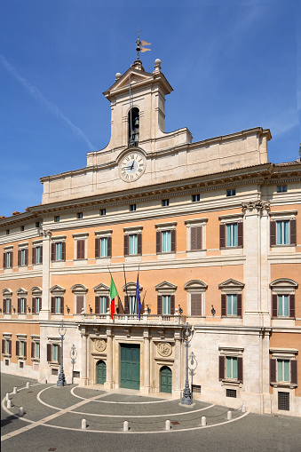 Rome, Lazio, Italy - September 15, 2019: Palazzo Montecitorio at the Piazza Montecitorio in the old town of Rome. Seat of the Representative chamber of the Italian parliament - Italy.