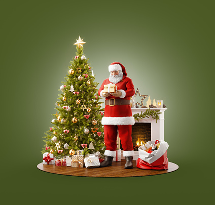 Unusual 3D illustration of Santa Claus puttign gift under Christmas tree at fireplace at home. Merry Christmas and Happy New Year concept.