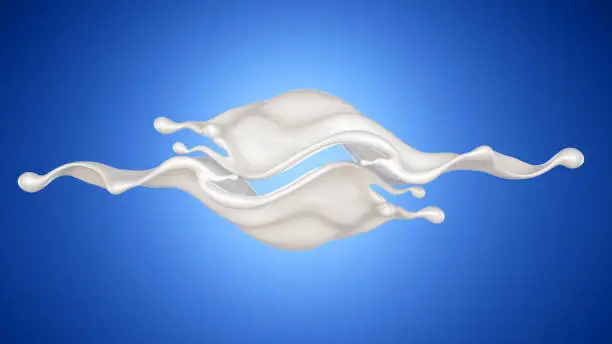 Beautiful, elegant splash of milk on a blue background. 3d illustration, 3d rendering