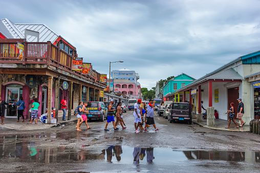 Nassau, Bahama - September 21/2019: Straw vending is Bahama's oldest industries.  Tourist flock the streets along Nassau's harbor to eat and shop.