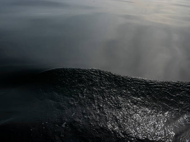 Top half of the photo is smooth flat calm ocean water and the bottom half is the beginning of a wave being churned up by a boat