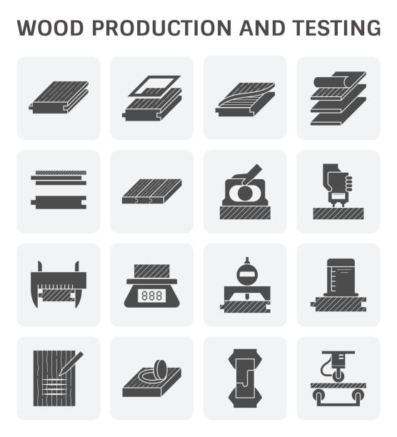 Wood sawmill icon Wood timber testing and wood sawmill icon set design. vernier calliper stock illustrations