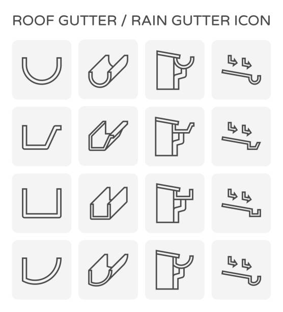 roof gutter icon Roof gutter or rain gutter and drainage system icon set design, editable stroke. storm system stock illustrations