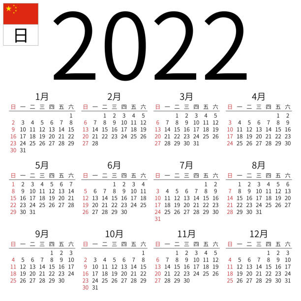 Calendar 2022, Chinese, Sunday Simple annual 2022 year wall calendar. Chinese language. Week starts on Sunday. Highlighted Sunday, no holidays. EPS 8 vector illustration, no transparency, no gradients chinese language stock illustrations