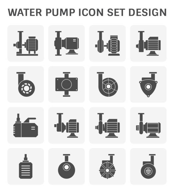 water pump icon Electric water pump and steel pipe for water distribution isolated on white background. electric motor white background stock illustrations