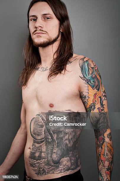 Metal Ciężki Tatuaż Portret - zdjęcia stockowe i więcej obrazów Bez koszulki - Bez koszulki, Dorosły, Długie włosy