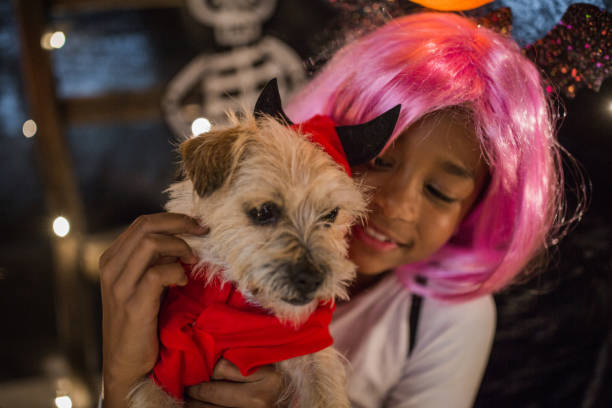 Girl in tent with her pet dog wear costume and celebrate Halloween