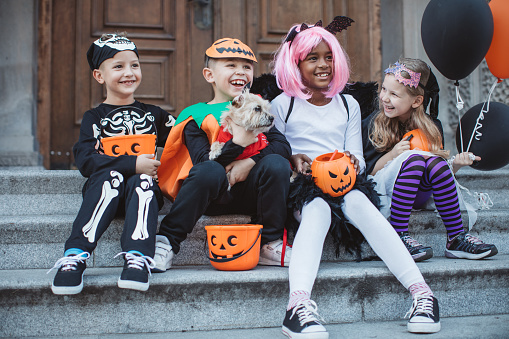 Multi ethnic group of children go for trick or treat, they wear costumes, and sitting on steps on doorway. Costumed pet dog is with them