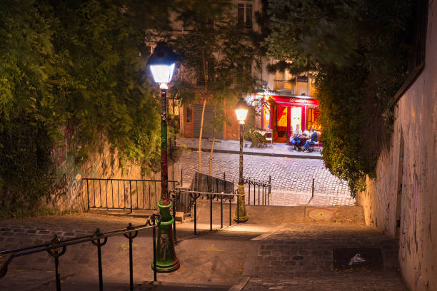 Paris by night: the steep stairs of Montmartre (Paris, France) Paris by night: the steep stairs of Montmartre (Paris, France). This is the Rue du Calvaire, looking at Rue Gabrielle walking point of view stock pictures, royalty-free photos & images