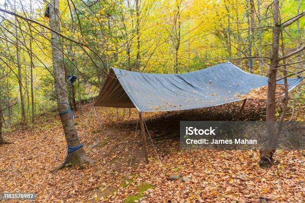 Primitive Tarp Shelter With Campfire And Fairy Lights Survival Bushcraft Setup In The Blue Ridge Mountains Near Asheville During Autumn Fall Season Stock Photo - Download Image Now