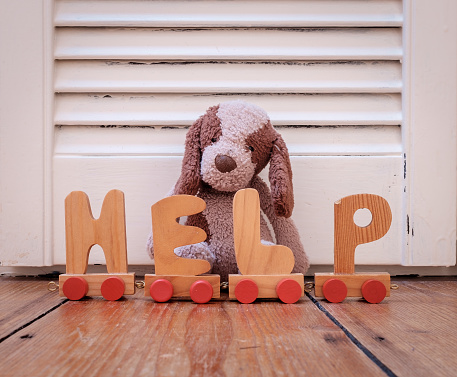 Cuddly marrón peludo perro y letras de juguete haciendo la palabra AYUDA. photo
