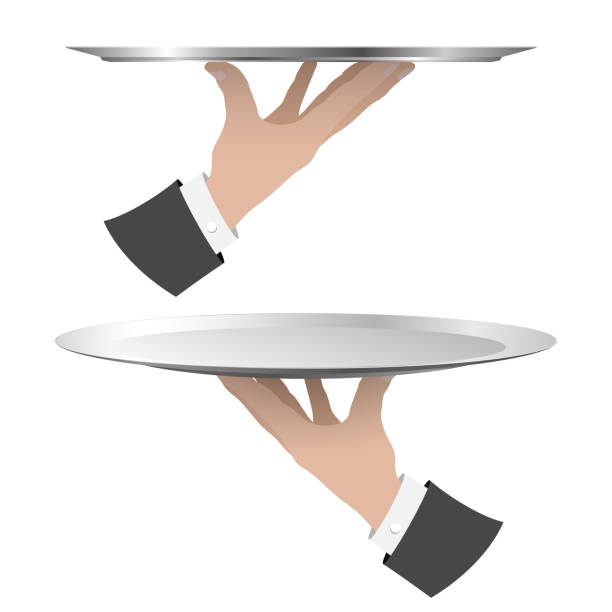 tangan dengan melayani rtay di latar belakang putih - butler holding food ilustrasi stok