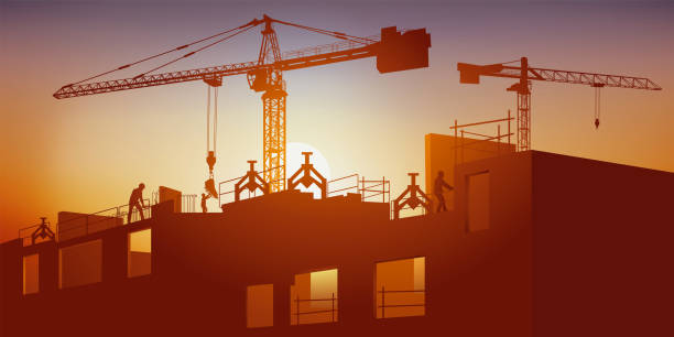 ilustrações, clipart, desenhos animados e ícones de comércio da construção com o canteiro de obras de um edifício a construção dominada por guindastes. - crane tower crane construction silhouette