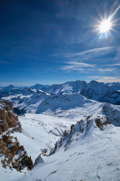 View of a ski resort piste and Dolomites mountains in Italy from Passo Pordoi pass. Arabba, Italy