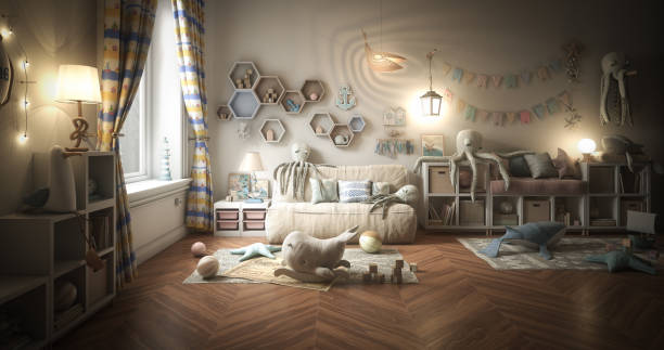 Digitally generated warm and cozy kid's room interior design, with lots of decorations, props and toys.The scene was rendered with photorealistic shaders and lighting in Autodesk® 3ds Max 2016 with V-Ray 3.6 with some post-production added.