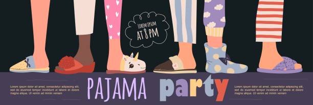 Colored pajama party poster. Vector template Slumber party Pajama party poster with fun charaters. Invitation for slumber party. Editable vector illustration pajamas illustrations stock illustrations
