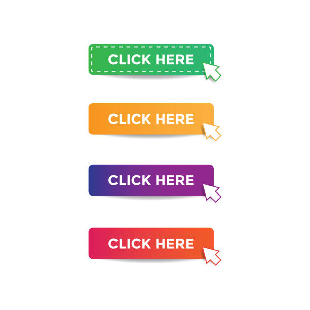 ilustrações de stock, clip art, desenhos animados e ícones de sign and click here buttons and cursor vector design. - registration internet click computer mouse