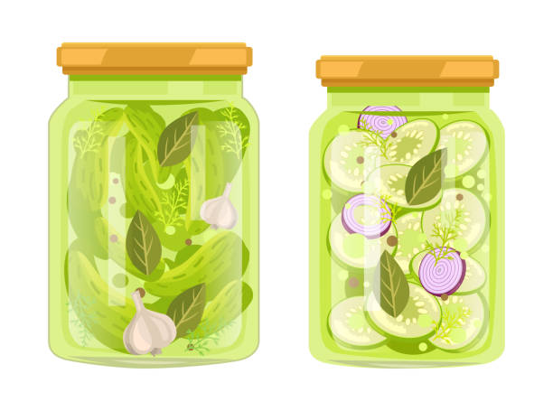 Pickled Cucumbers and Zucchini with Spicery Jars Pickles and canned vegetables poster. Vector glass bottles with cucumbers in marinate with garlic, sliced zucchini in brine with onion and pepper. spicery stock illustrations