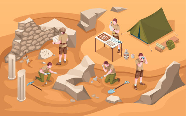 ilustrações, clipart, desenhos animados e ícones de escavação isométrica de arqueologia ou arqueólogo no trabalho. trabalho de arqueologia ou arqueólogo perto da arquitetura antiga civilização, colunas e tenda. explorador dos desenhos animados na escavação histórica. artefatos antigos - arqueologia