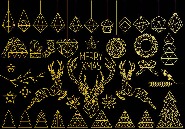 gold geometrische weihnachten set, vektor - metallböcke stock-grafiken, -clipart, -cartoons und -symbole