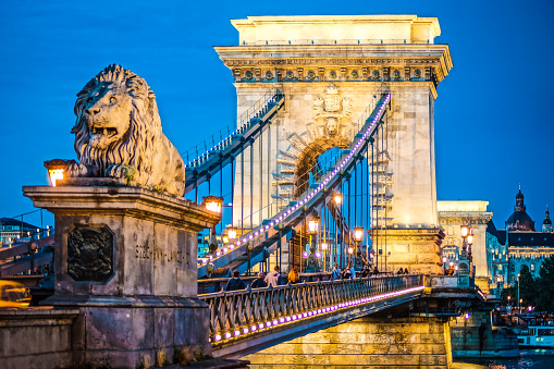 Szechenyi Chain Bridge night view (Budapest, Hungary). Shooting Location: Hungary, Budapest