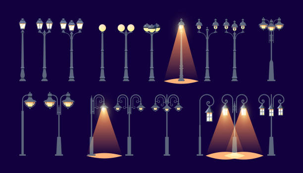 illustrations, cliparts, dessins animés et icônes de lampadaire, ensemble d'icônes de vecteur plat - street night street light lamp