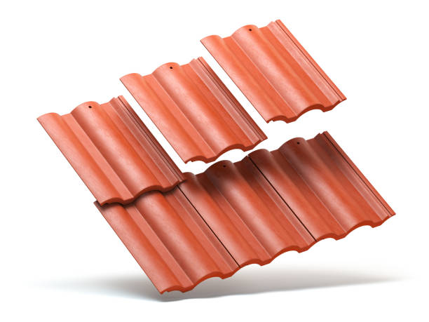 istock Red roof tiles isolated on white background 1183601383