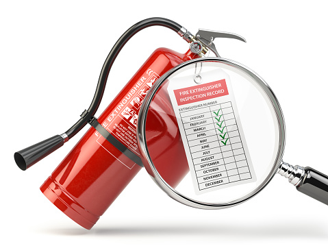 Fire extinguisher checking concept.Fire extinguisher checking concept. Fire extinguisher,  loupe with checklist. 3d illustration