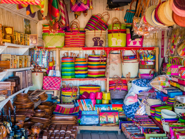 Market stall with handmade souvenirs, Antananarivo, Madagascar stock photo
