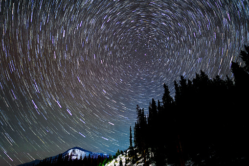 Mountains at Night with Big Dipper North Star Trails - Astrophotography night sky landscape.