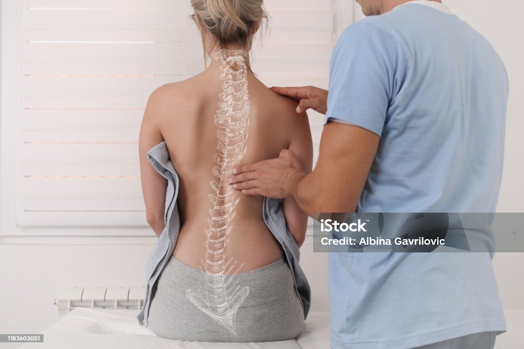 Scoliosis Spine Curve Anatomy, Posture Correction. Chiropractic treatment, Back pain relief. Physical Therapy Stock Photo