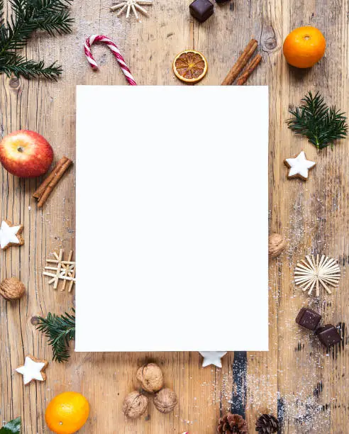 copy space, blank paper on wooden table with christmas decoration, winter, background