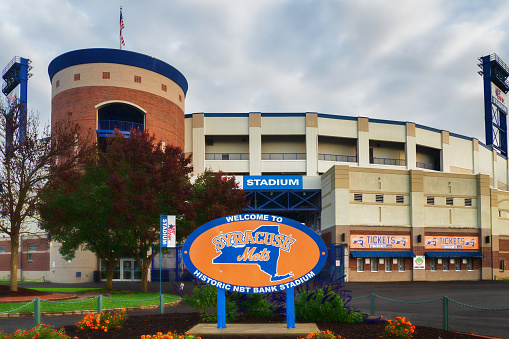 Syracuse, New York, USA. October 26, 2019. Entrance to the NBT Bank Stadium home of the Syracuse Mets, formally the Syracuse Chiefs, Minor League Baseball team on the northside of Syracuse, New York in autumn