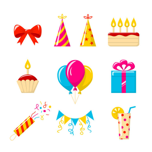 Birthday icons Birthday party. Vector set of colored icons flapper hat stock illustrations