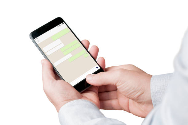 istock Man in shirt using a smartphone to send instant messages. White background. 1183607026