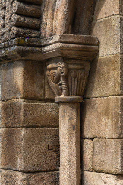 Old Santiago church arches, column, capitel in Allariz, Galicia, Spain