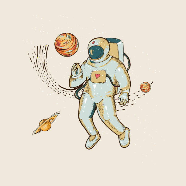 istock Vintage vector astronaut in space, planet and stars. Science fiction, Hand drawn illustration 1183608503