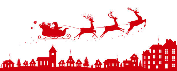 Santa's sleigh flying over a city Christmas landscape with Santa's sleigh flying over a city church borders stock illustrations