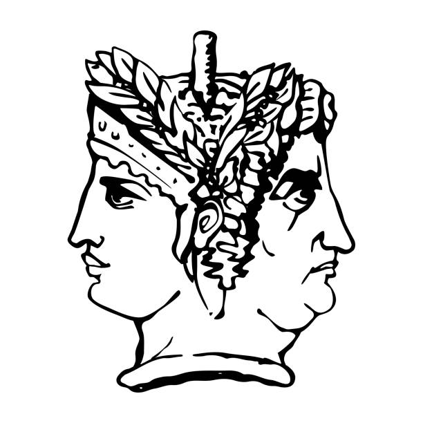 Two-faced Janus. Young Woman and Old Woman heads in profile, connected by the nape. Stylization of the ancient Roman style. Graphical design. Vector illustration. Two-faced Janus. Young Woman and Old Woman heads in profile, connected by the nape. Stylization of the ancient Roman style. Graphical design. Vector illustration. janus head stock illustrations